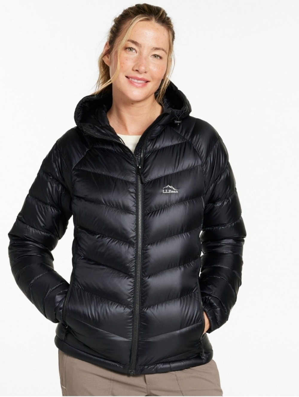 LL Bean Ultralight 850 Down Hooded Zip Front Quiltet Jacket Coat Black Size L